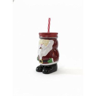 MASON JAR Bocal en verre en forme de Père Noël et paille rayée 45 CL– Gobelet amusant pour les enfants lors des fêtes.