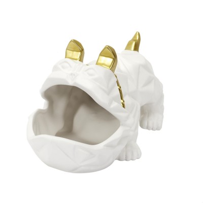 Sculpture Bulldog Vide-Poche 14cm – Blanc et Doré | Senbonsplans Dakar