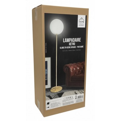 Lampadaire rétro doré globe en verre opaque