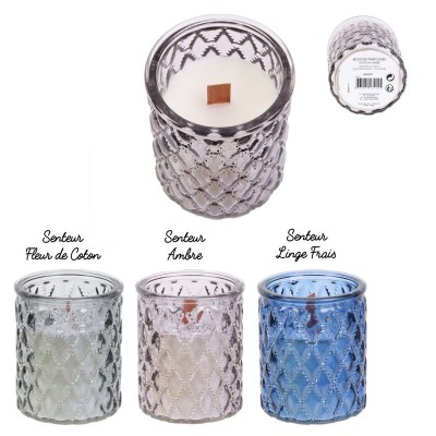 Bougie en verre ciselé à mèche en bois