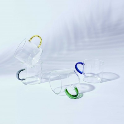 Tasse en verre transparent avec anse colorée 10cl