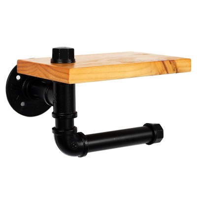 Support mural avec étagère en bois et porte-papier toilette