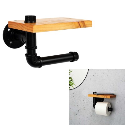 Support mural avec étagère en bois et porte-papier toilette