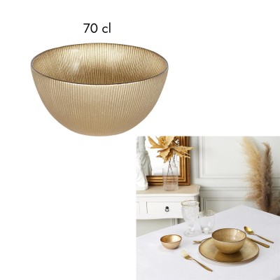 Ensemble bol en verre doré avec plateau assorti. Idéal pour décoration de table, mariages, réceptions et présentation de fruits