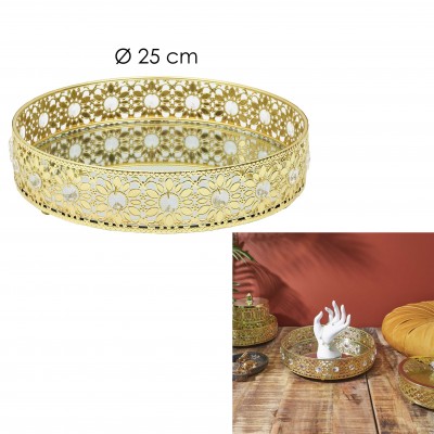 Plateau rond décoratif en métal doré ajouré