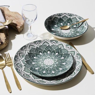Green Mandala 12-Piece Dinnerware Set - Porcelain | Senbonsplans Dakar