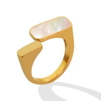 Bague ajustable en acier doré et nacre blanche