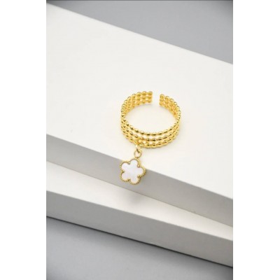 Bague Trèfle Ajustable Dorée - Nacre Blanche/Noire | Senbonsplans Dakar