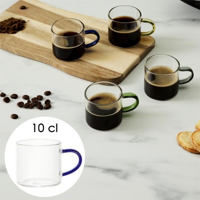 Tasse en verre transparent avec anse colorée 10cl
