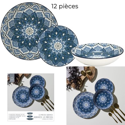 Service Vaisselle Mandala Bleu 12 Pièces - Porcelaine | Senbonsplans Dakar