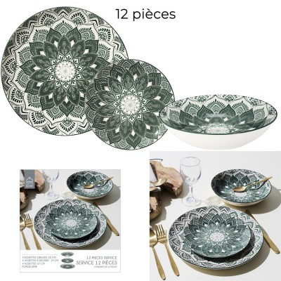 Service vaisselle Mandala vert 12 pièces