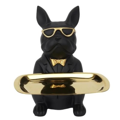 Sculpture Deco Bulldog Noir Vide Poche 21cm